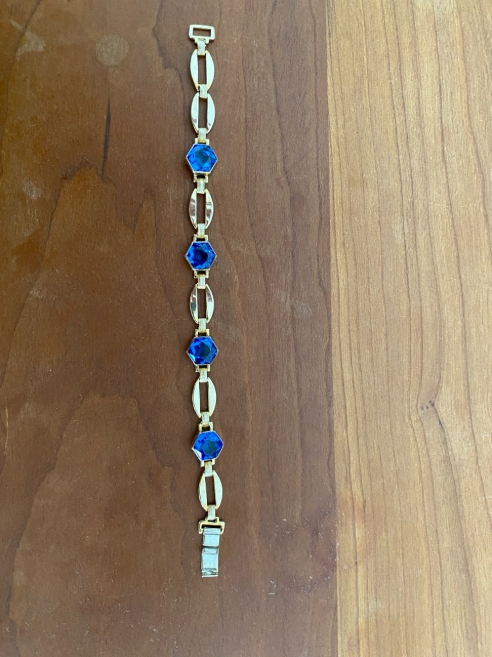 Gold-Plated Bracelet with Blue Hexagon Glass Stones